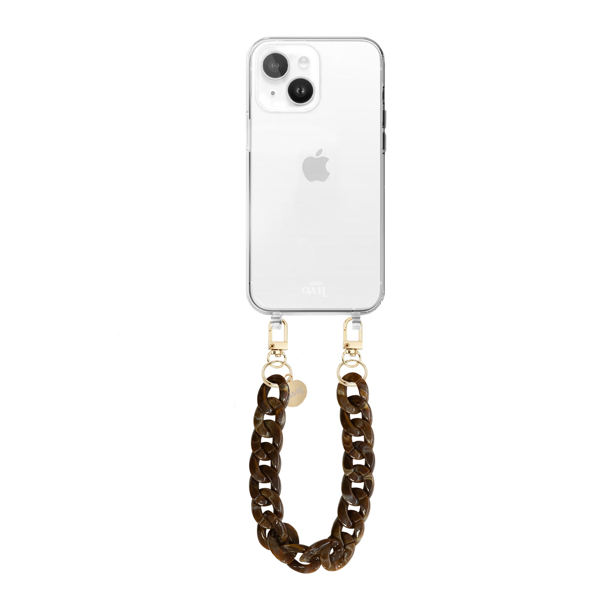 xoxo Wildhearts - iPhone 14 - Brown Chocolate Transparant Cord Case - Short Cord