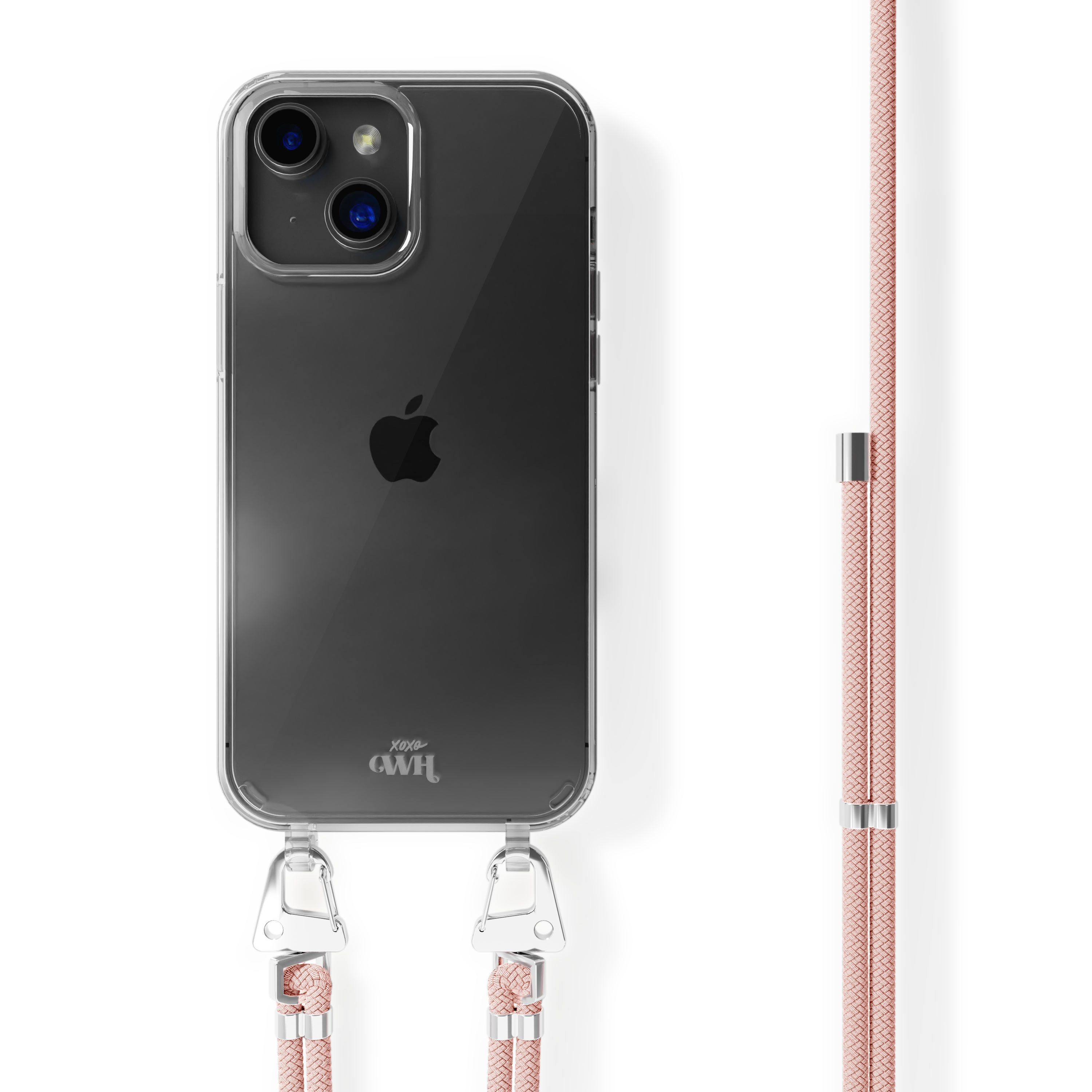 xoxo Wildhearts - iPhone 14 - Wildhearts Transparante case + roze koord