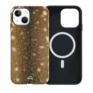 Bambi Bliss MagSafe iPhone 13 hoesje met bruine hertenvacht print, witte stippen en zwarte MagSafe binnenkant.