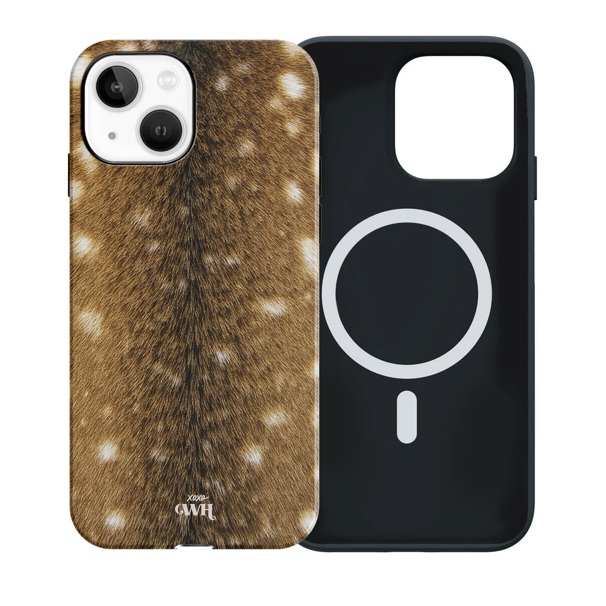 Bambi Bliss MagSafe iPhone 13 hoesje met bruine hertenvacht print, witte stippen en zwarte MagSafe binnenkant.