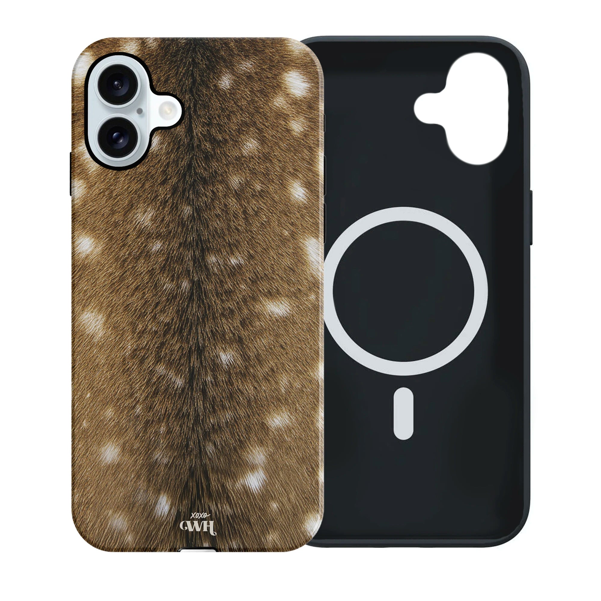 Bambi Bliss MagSafe iPhone 16 hoesje met realistische hertenvacht print en zwarte MagSafe binnenkant.