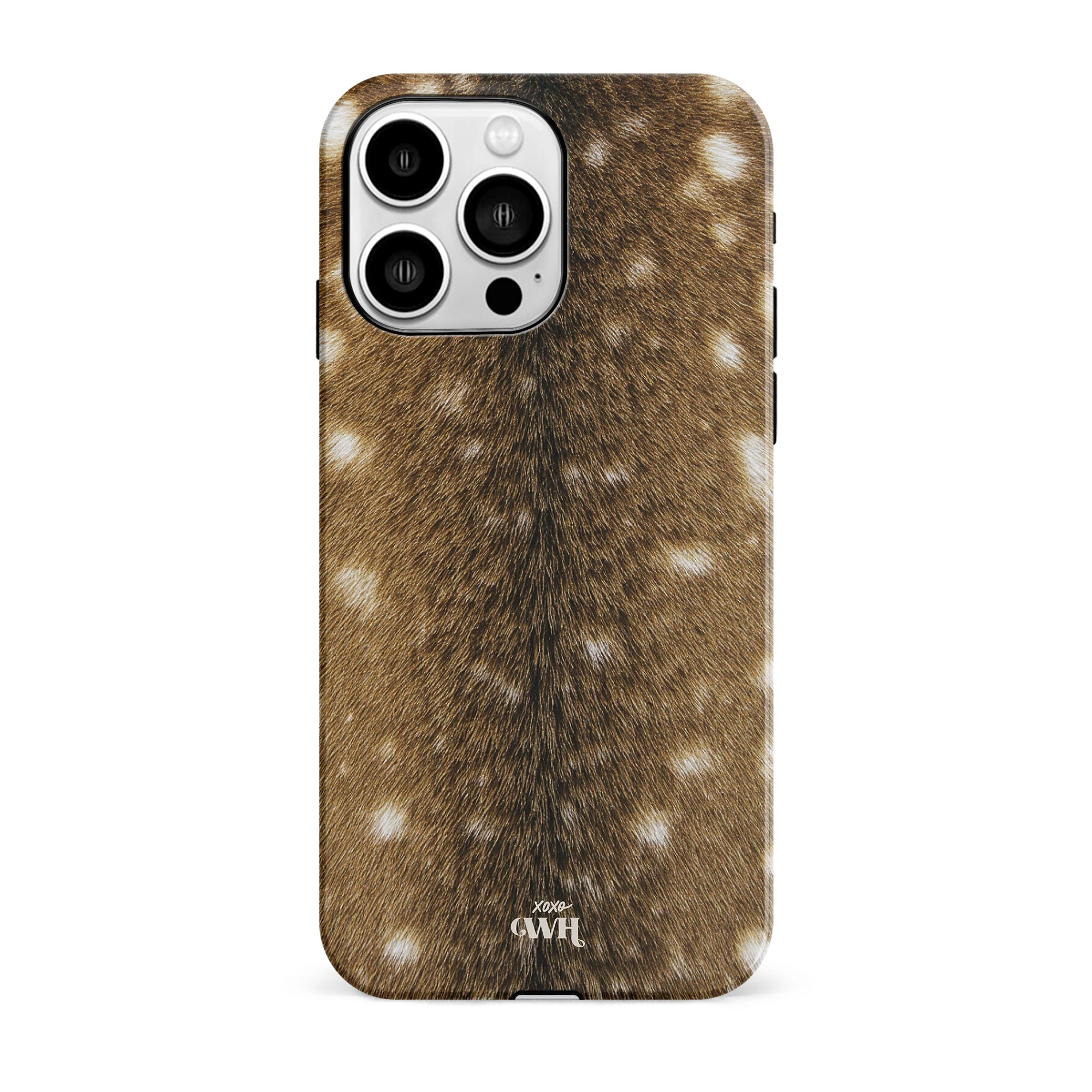 Bambi Bliss dubbellaags telefoonhoesje met realistische hertenvacht print in warme bruintinten en witte vlekken.