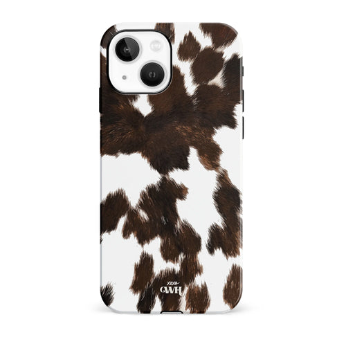 iPhone 13 hoesje met realistische bruin-witte koeienvacht print en hoogglans afwerking.