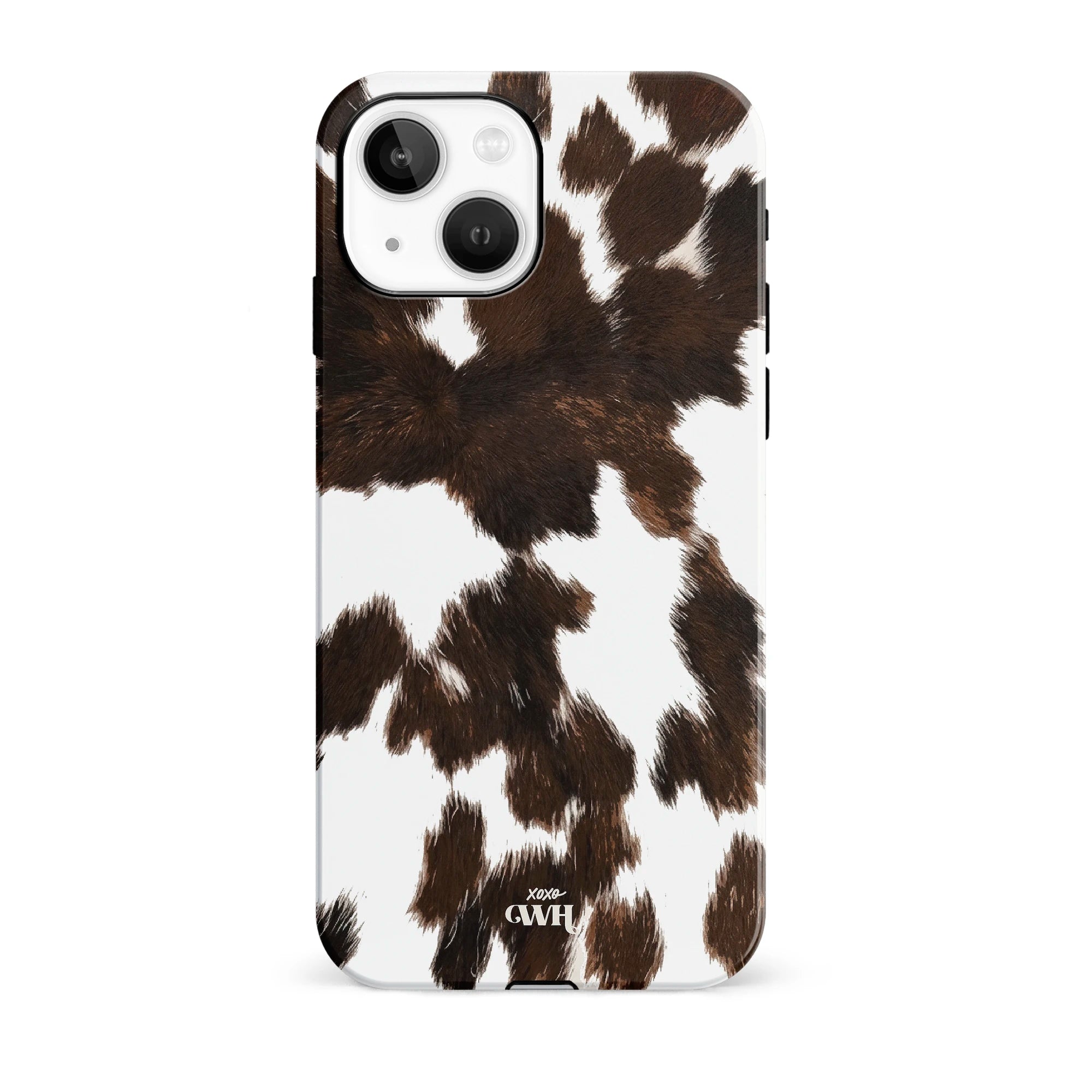 iPhone 13 hoesje met realistische bruin-witte koeienvacht print en hoogglans afwerking.