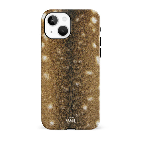 iPhone 13 hoesje met realistische bruine hertenvacht print en witte vlekken, glanzende afwerking.
