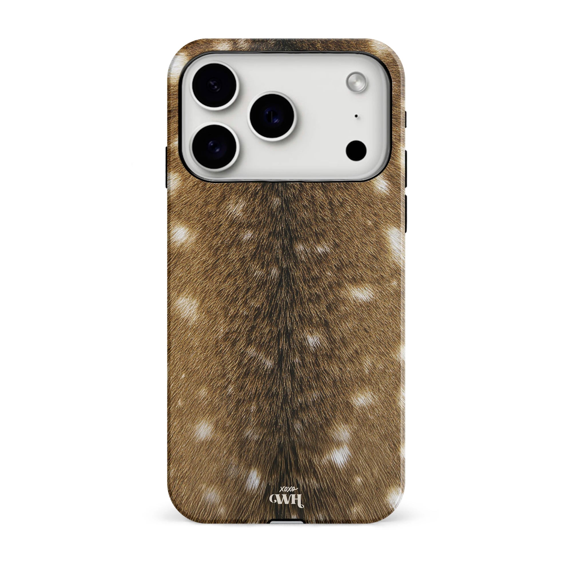iPhone 17 Pro hoesje met realistische bruine hertenvacht print en witte vlekken, xoxo Wildhearts logo.