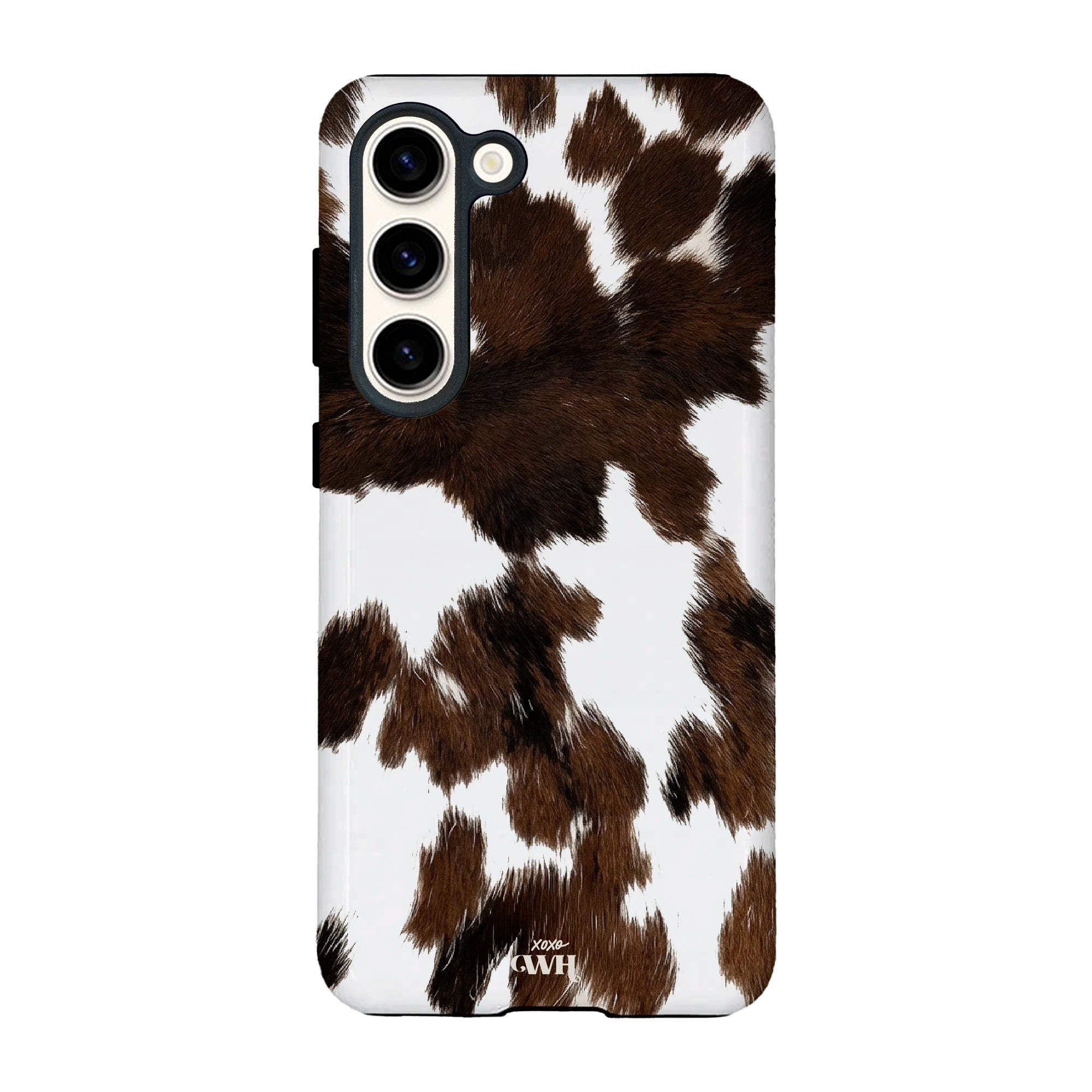 Samsung Galaxy S24 hoesje met realistische bruin-witte koeienvacht print en hoogglans afwerking.