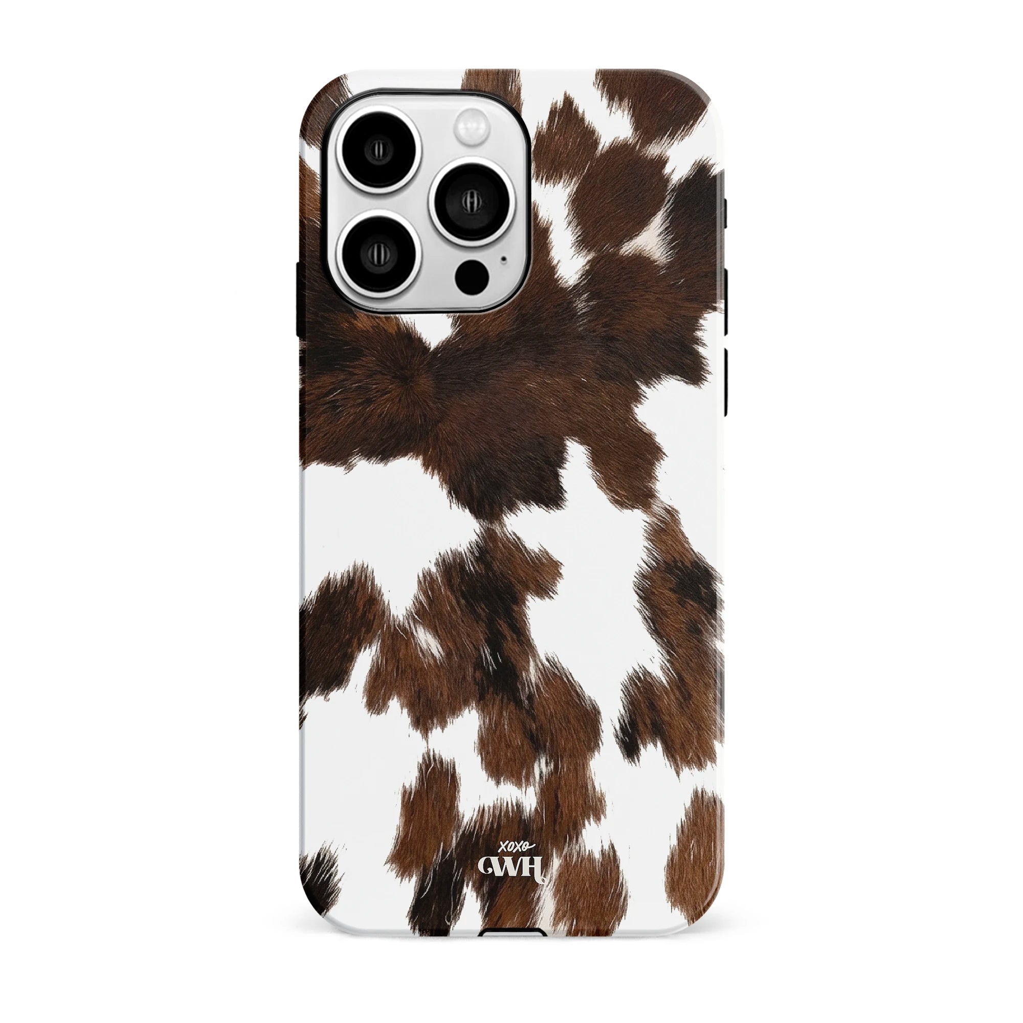 Midnight Rodeo Double Layer telefoonhoesje met realistische bruin-witte koeienvacht print en hoogglans afwerking.