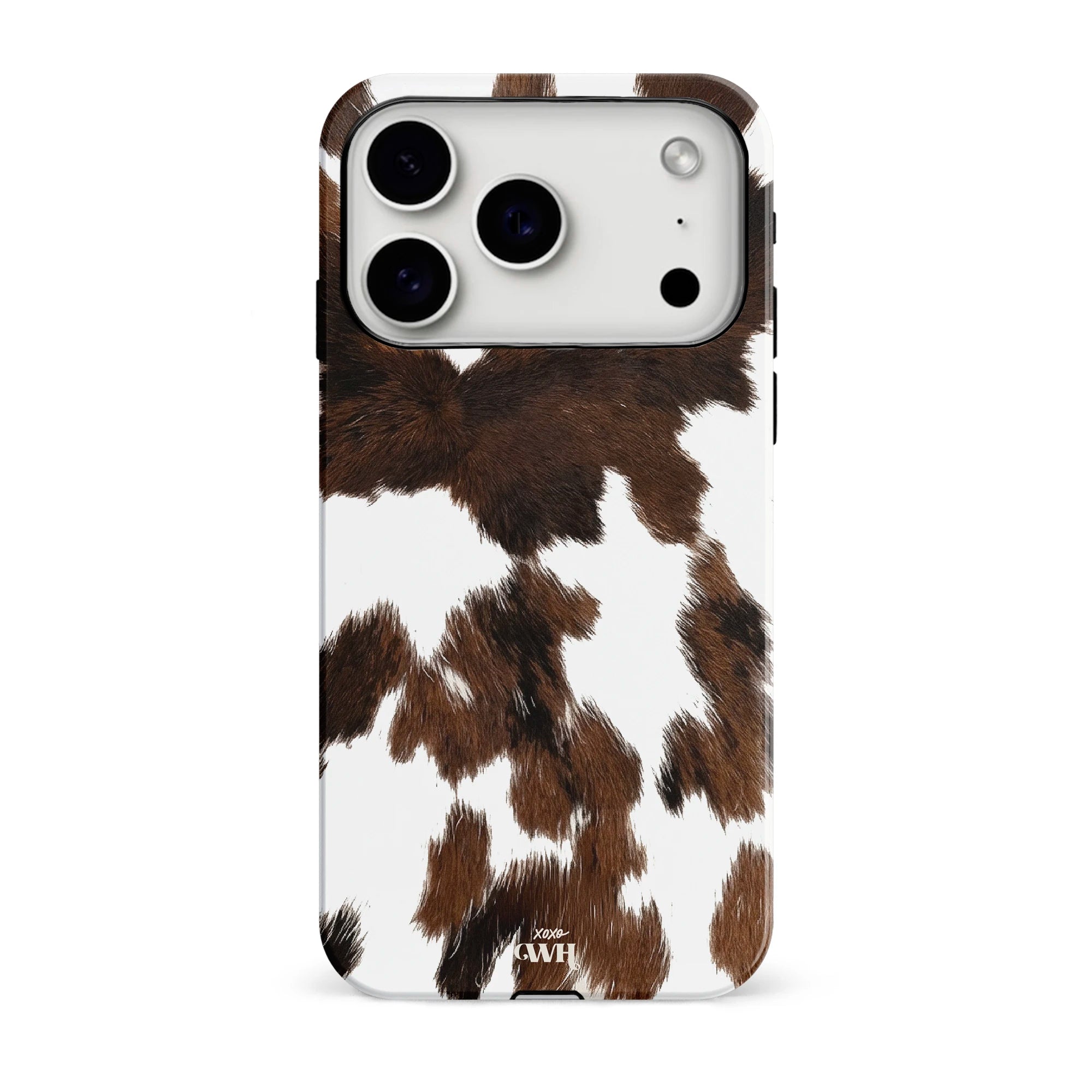 iPhone 17 Pro hoesje met realistische bruin-witte koeienvacht print en hoogglans afwerking.
