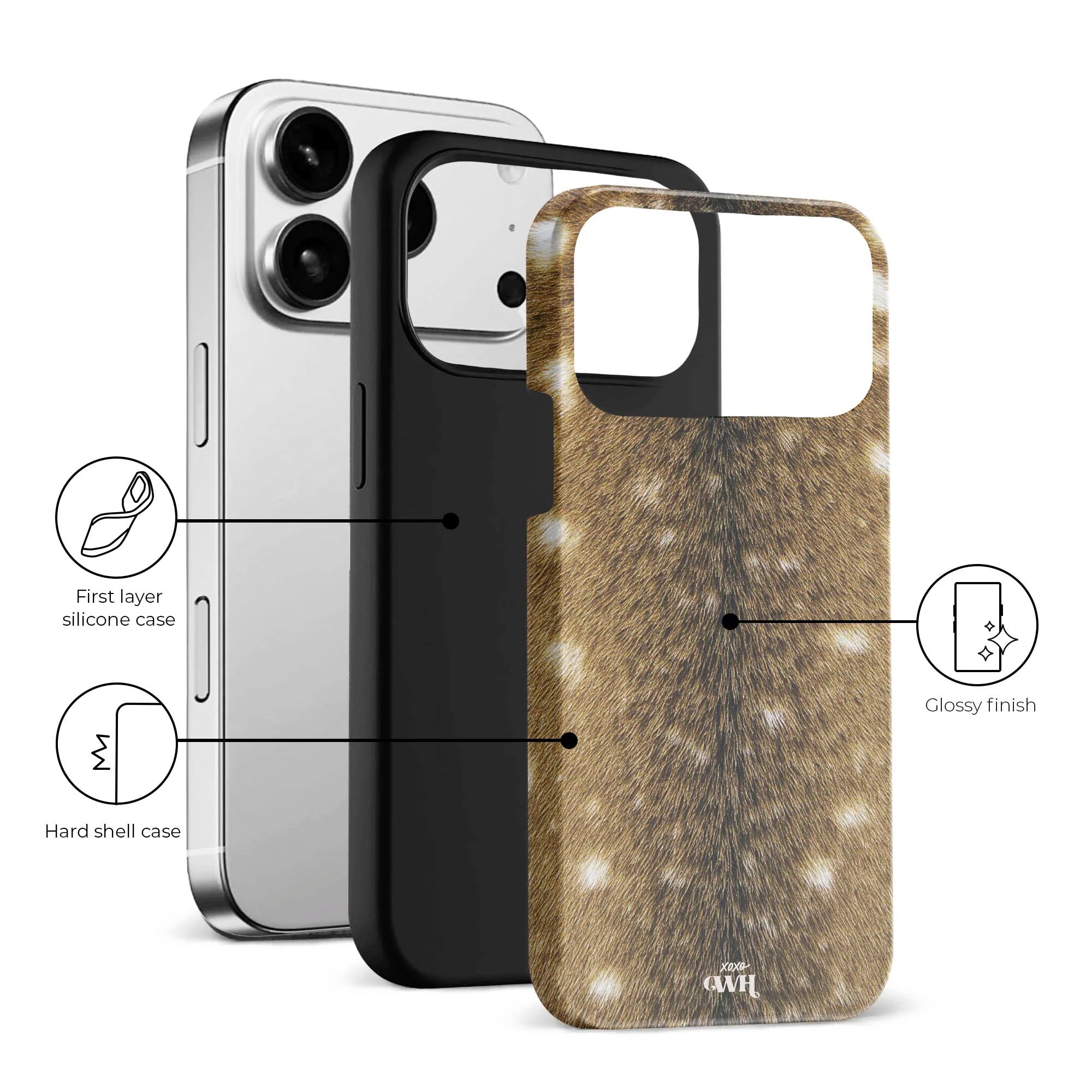 Bambi Bliss iPhone 17 Pro hoesje met bruine hertenvacht print, dubbele laag en hoogglans afwerking.