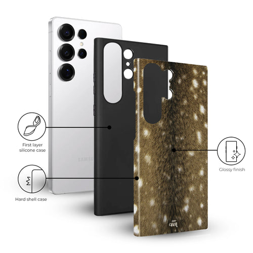 Bambi Bliss Samsung Galaxy S24 Ultra hoesje met hertenvacht print, dubbele laag: siliconen en harde shell, hoogglans afwerking.