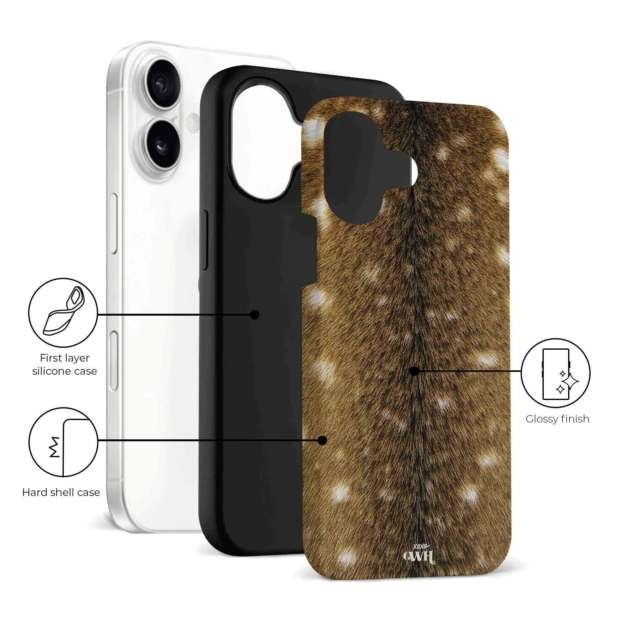 Bambi Bliss iPhone 16 hoesje met bruine hertenvacht print, dubbele laag (silicone & hard shell), en glanzende afwerking.