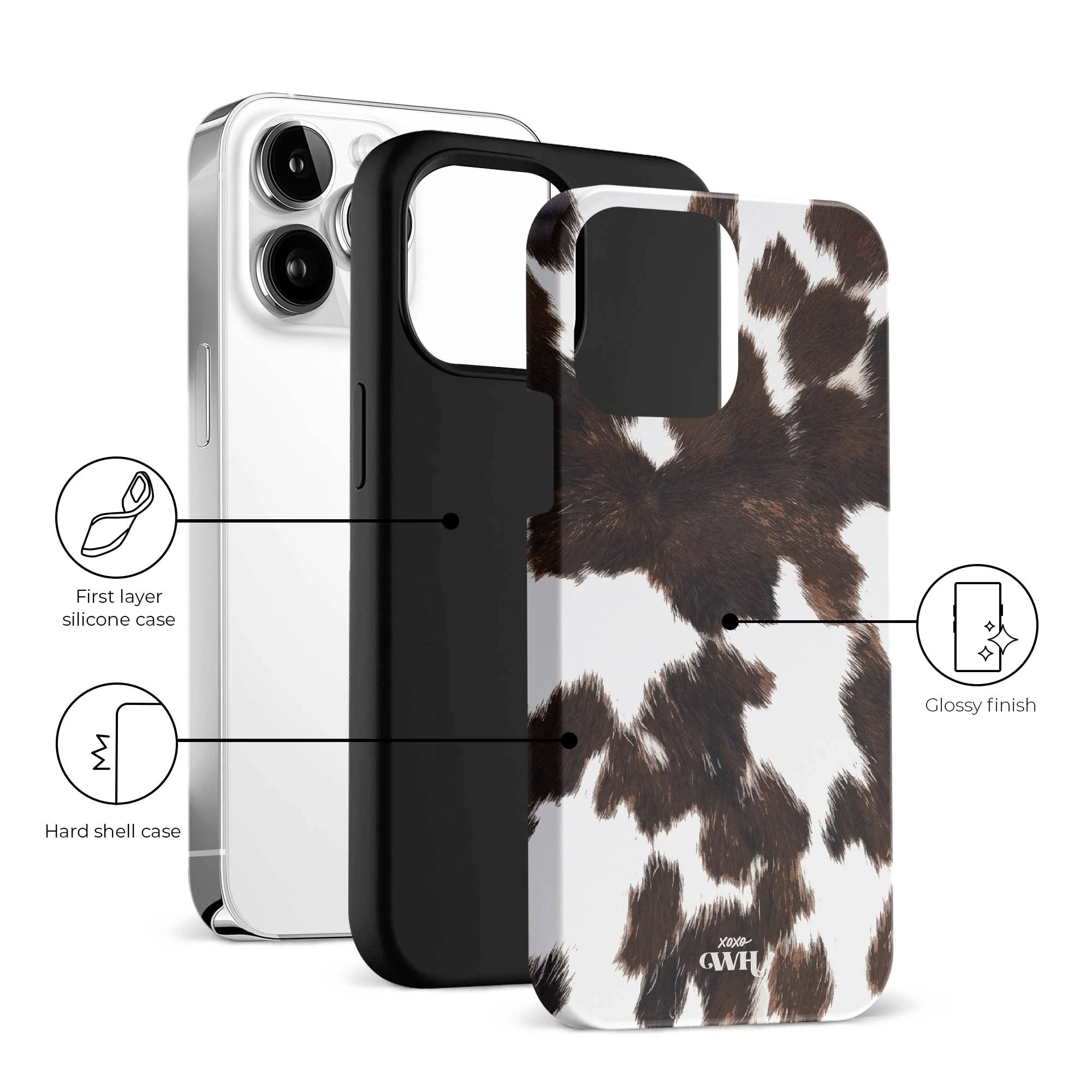 Midnight Rodeo Double Layer telefoonhoesje met realistische bruin-witte koeienvacht print en glanzende afwerking.