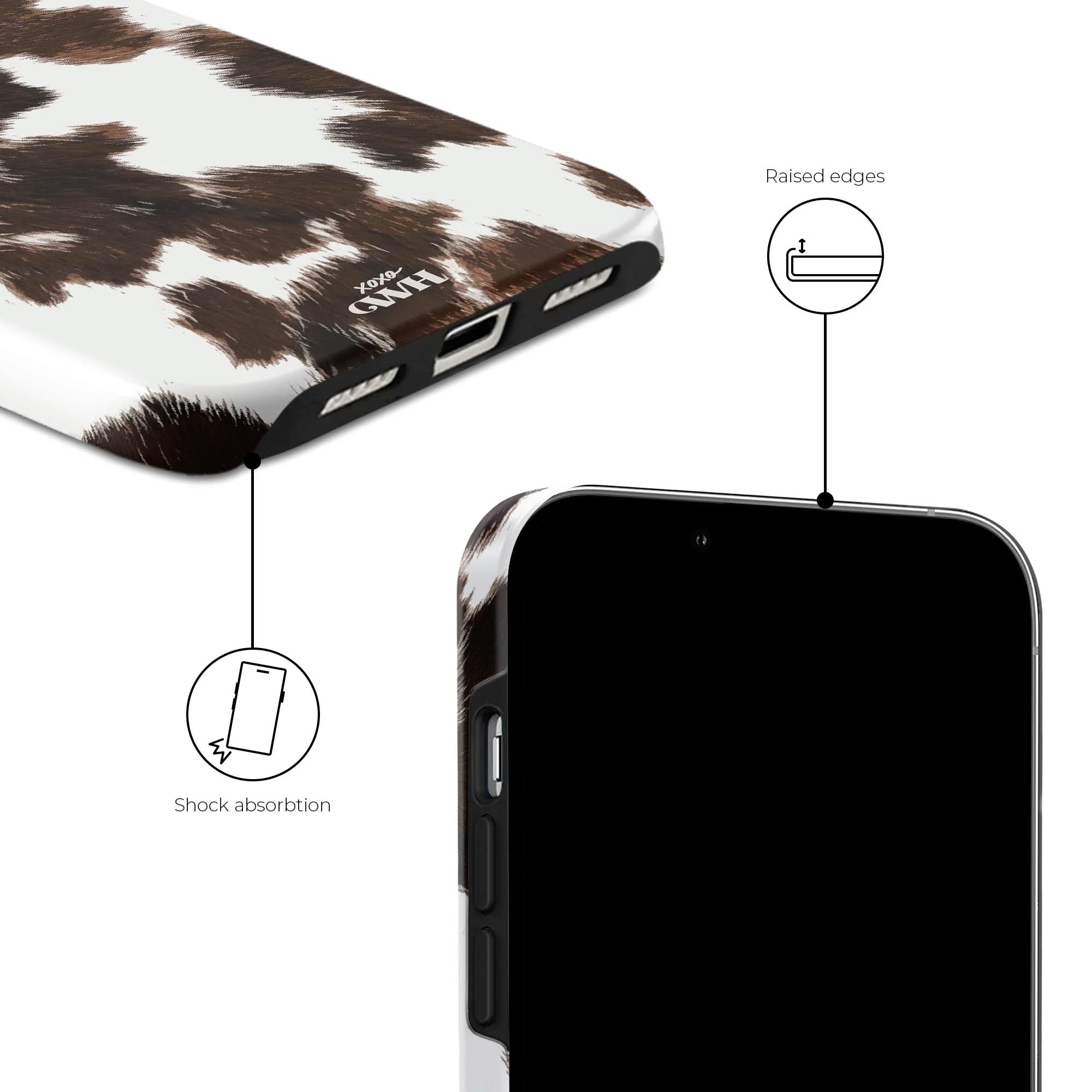 iPhone 16 Midnight Rodeo hoesje met bruin-witte koeienvacht print, verhoogde randen en schokabsorptie.