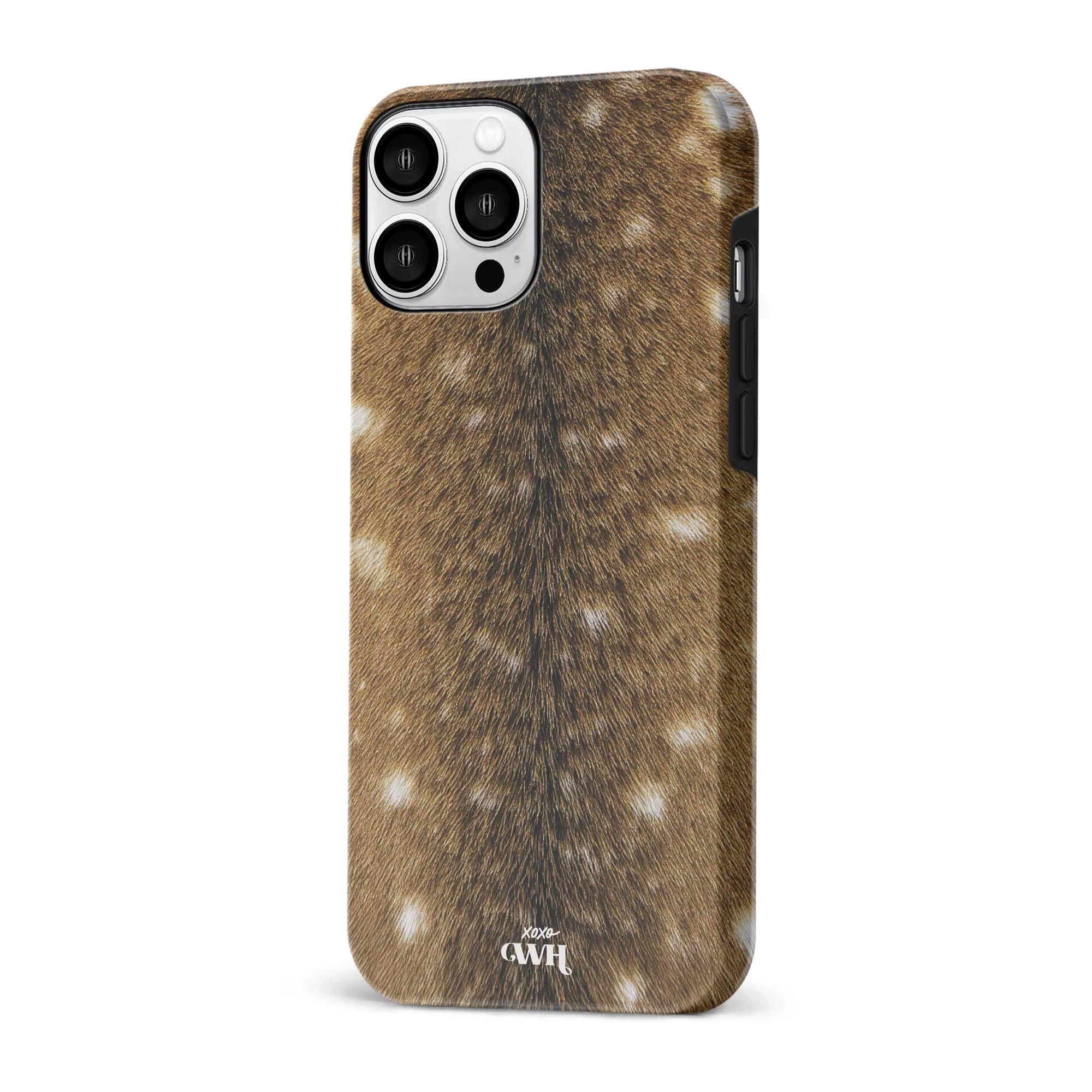 Bambi Bliss Double Layer telefoonhoesje met realistische hertenvacht print in warme bruintinten en witte stippen.