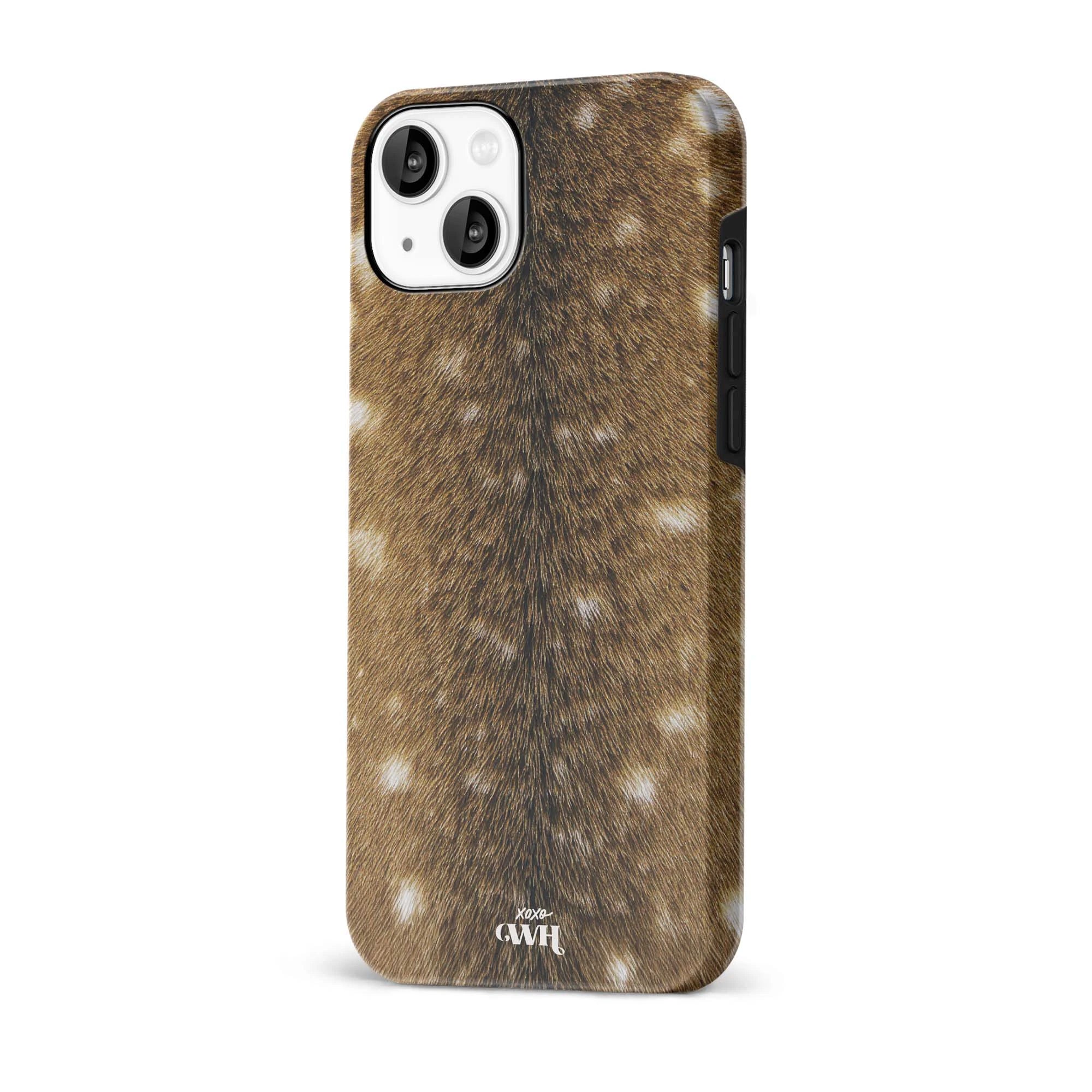 iPhone 13 hoesje met realistische bruine hertenvacht print, witte stippen en zwart frame.