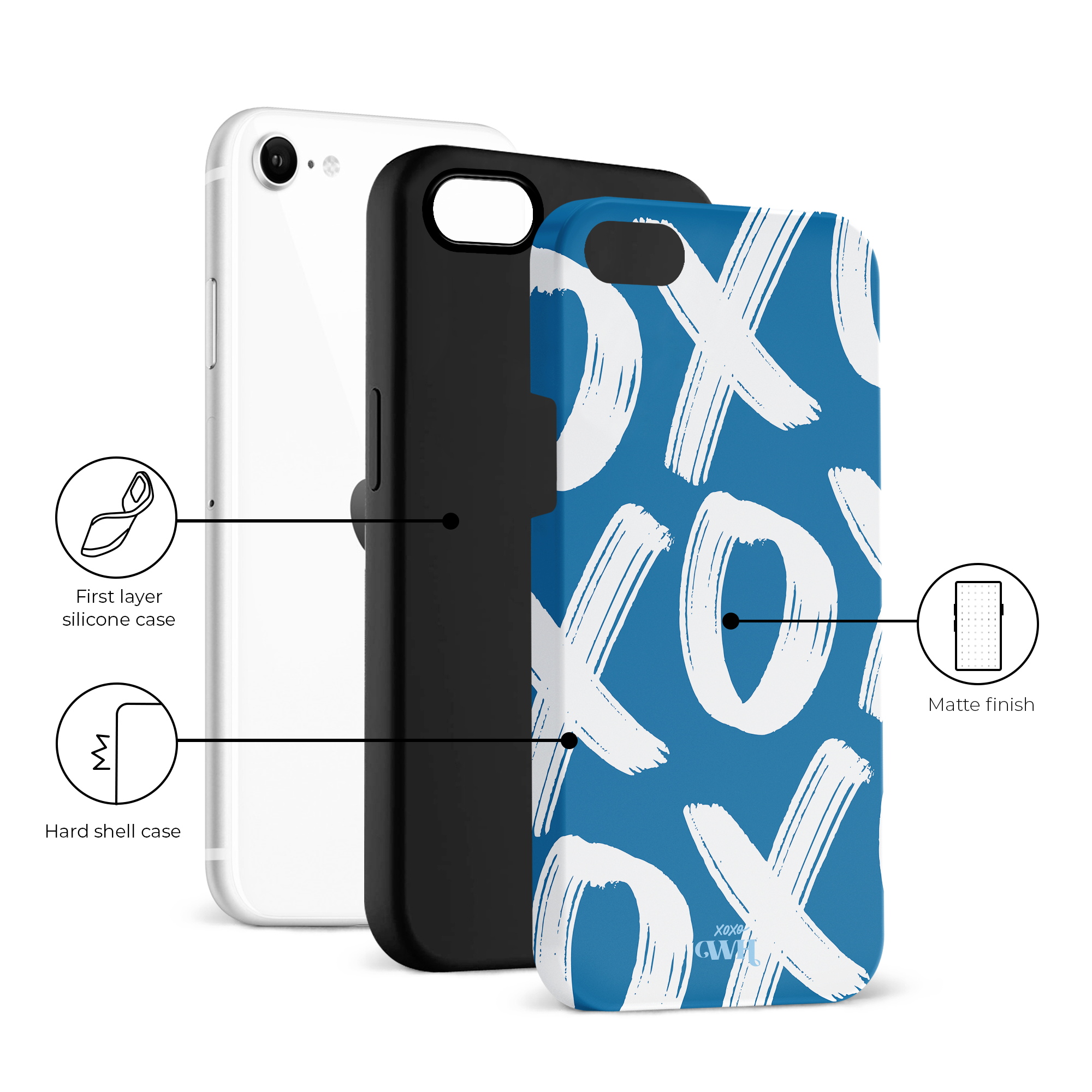Blue xoxo Wildhearts phone case with white brushstroke X's and O's, showing silicone and hard shell layers, matte finish.