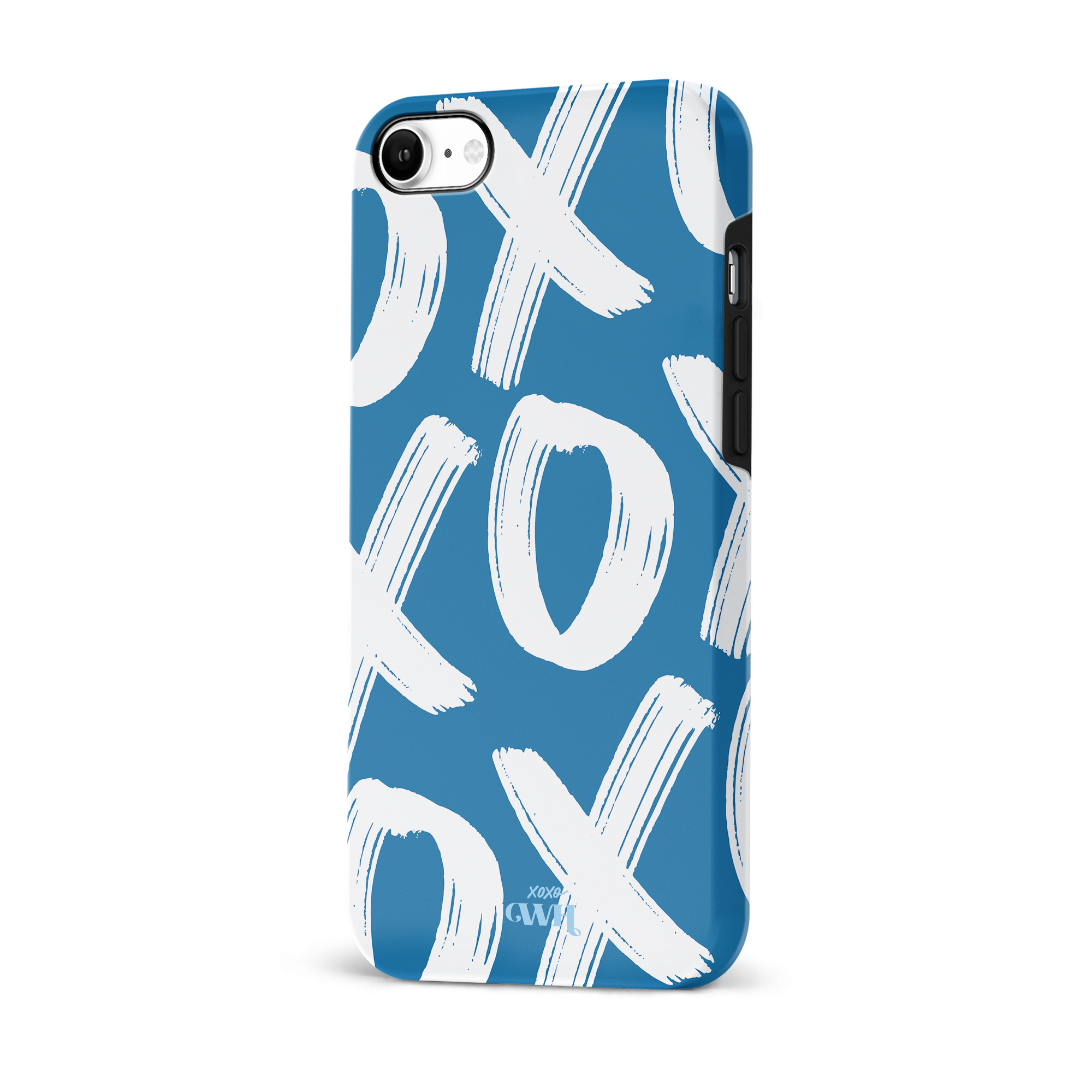 Blue iPhone case with white "XOXO" brushstroke pattern by xoxo Wildhearts.