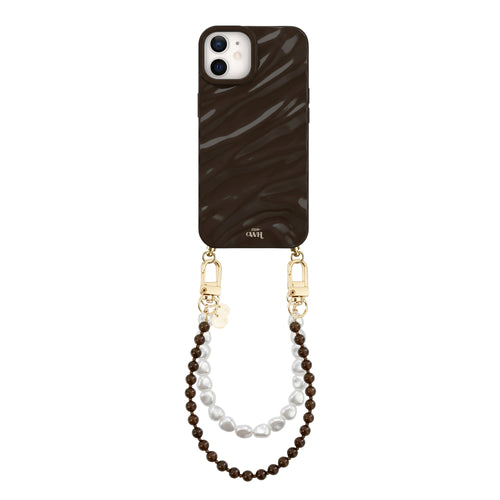 Brown iPhone 11 Glaze Cord Case with shiny finish, attached to a short white pearl and brown bead wristlet.