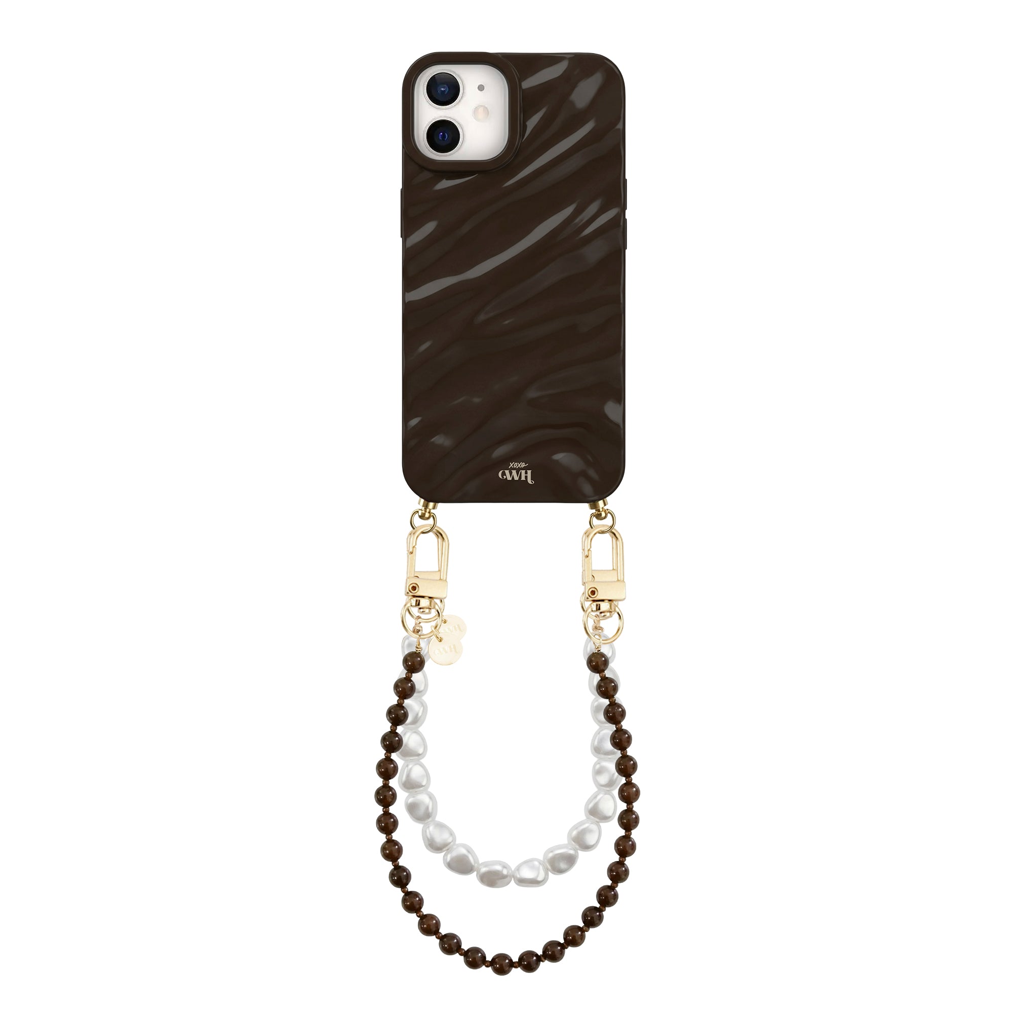 Brown iPhone 11 Glaze Cord Case with shiny finish, attached to a short white pearl and brown bead wristlet.