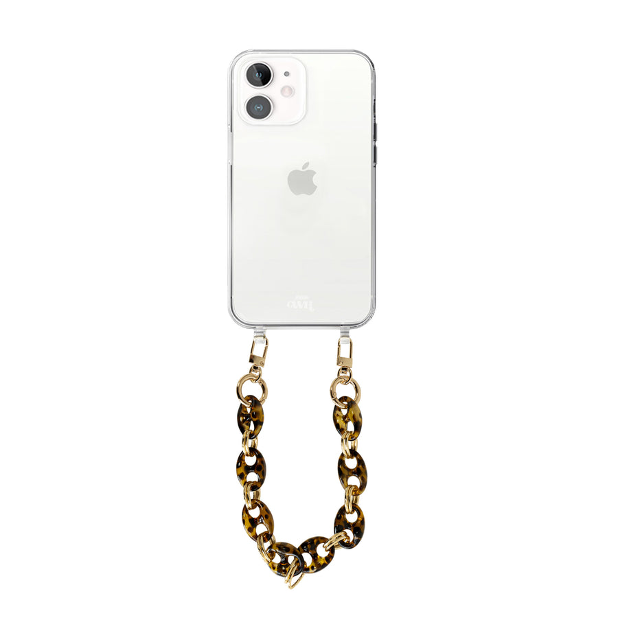 xoxo Wildhearts - iPhone 12 - Marble Brown Transparant Cord Case - Short Cord