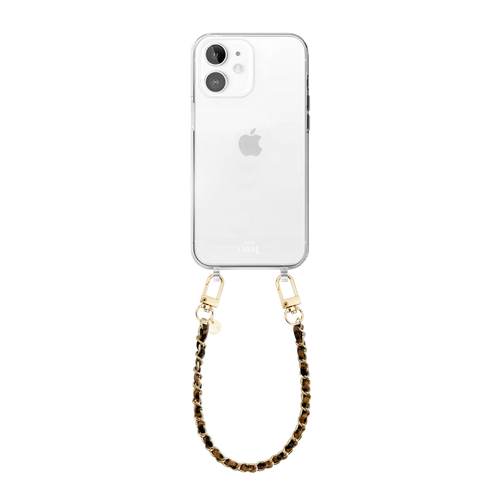 iPhone 11 transparant hoesje met korte Classic Chain Leopard polsband met gouden details.