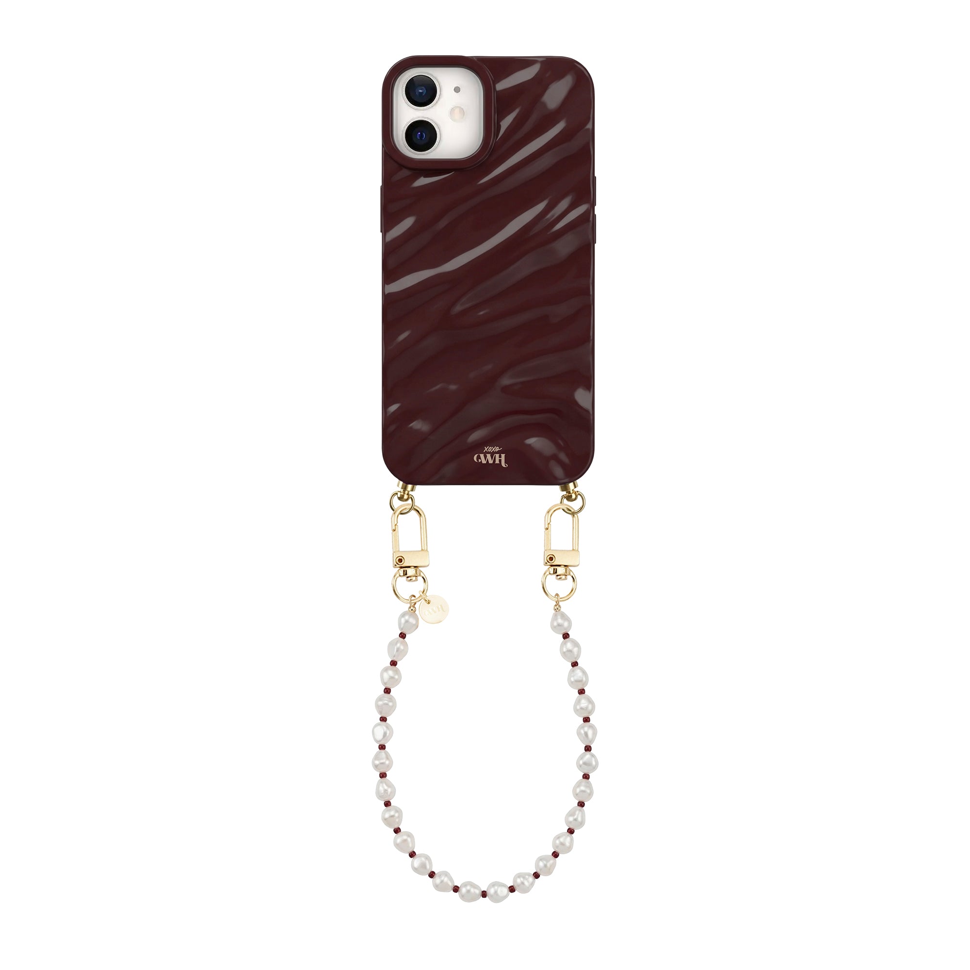 Burgundy Glaze Cord iPhone 11 case with a wavy texture and a short pearl wrist strap with gold clasps.