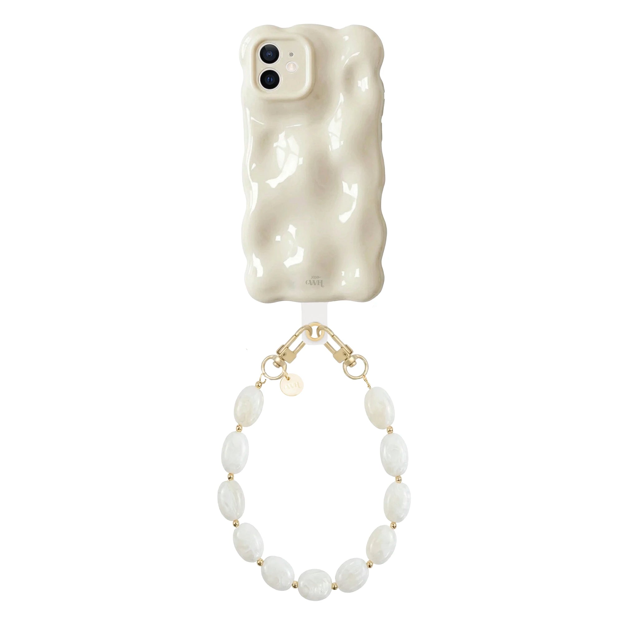 Crèmekleurige iPhone 11 Bubbly case met golvende textuur en kort Ocean Sand koord met parelmoer kralen.