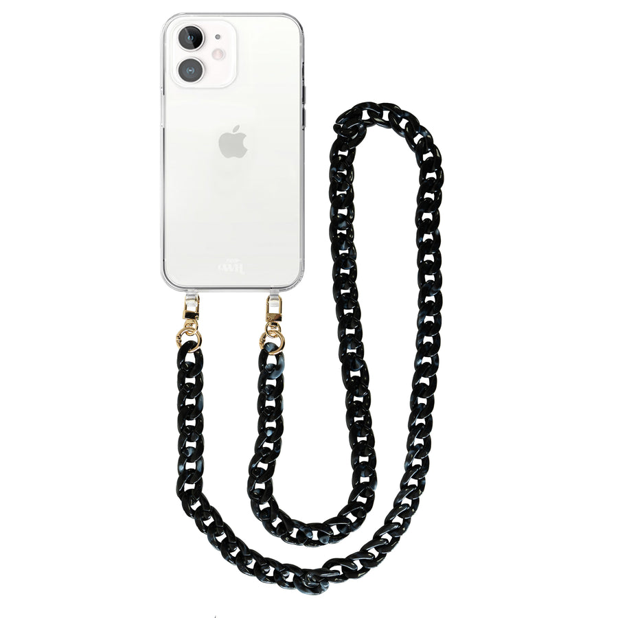 xoxo Wildhearts - iPhone 12 - Marble Black Transparant Cord Case - Long Cord