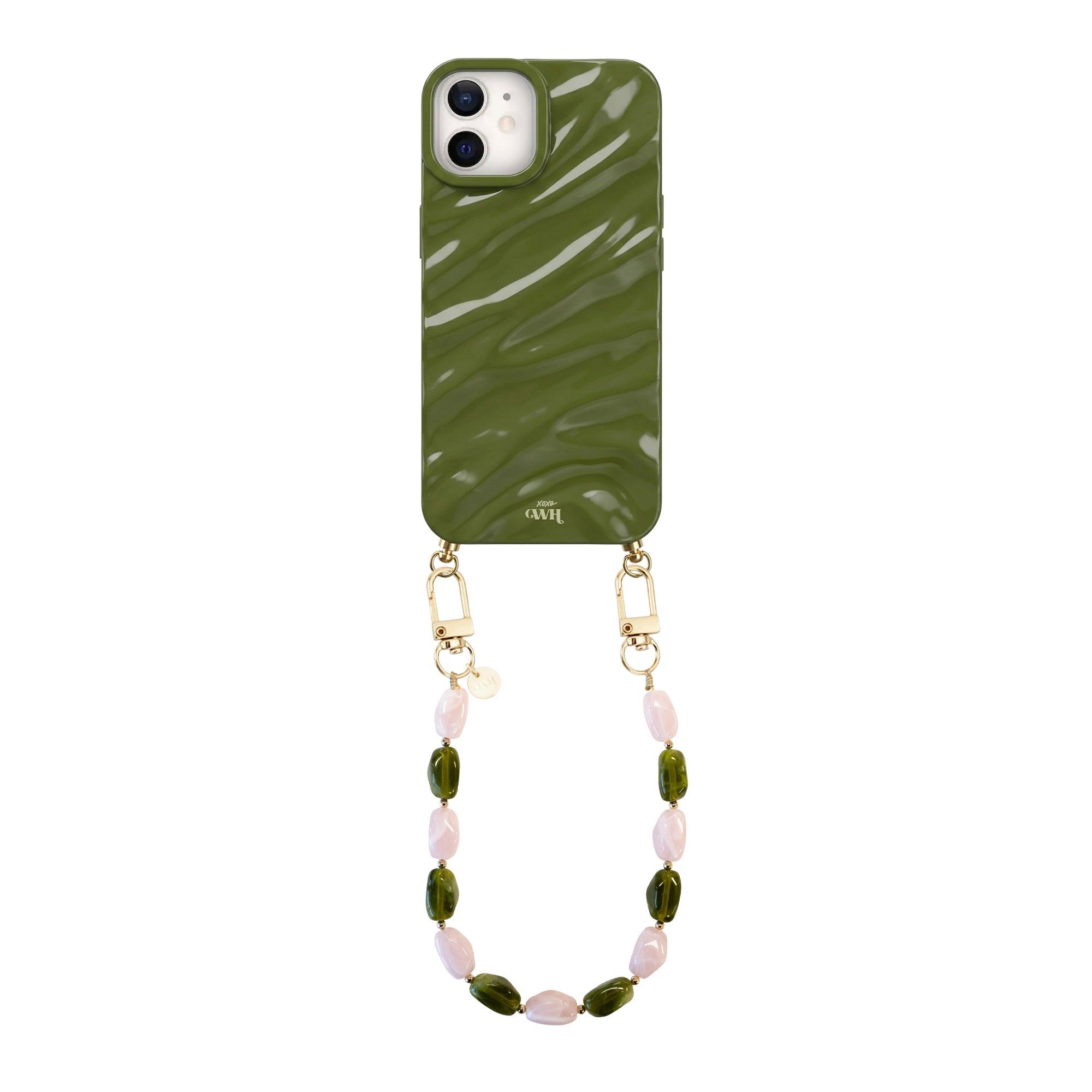 Glanzend donkergroene iPhone 11 hoesje met golvend patroon en kort Rose Quartz kralenkoord.