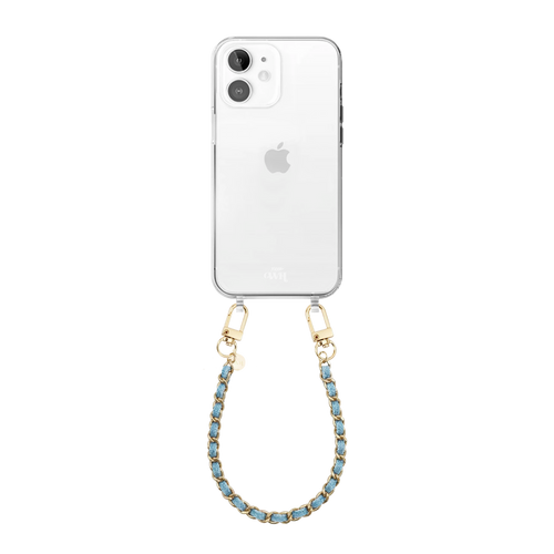 Transparant iPhone 11 hoesje met korte Classic Chain Denim koord en gouden details.