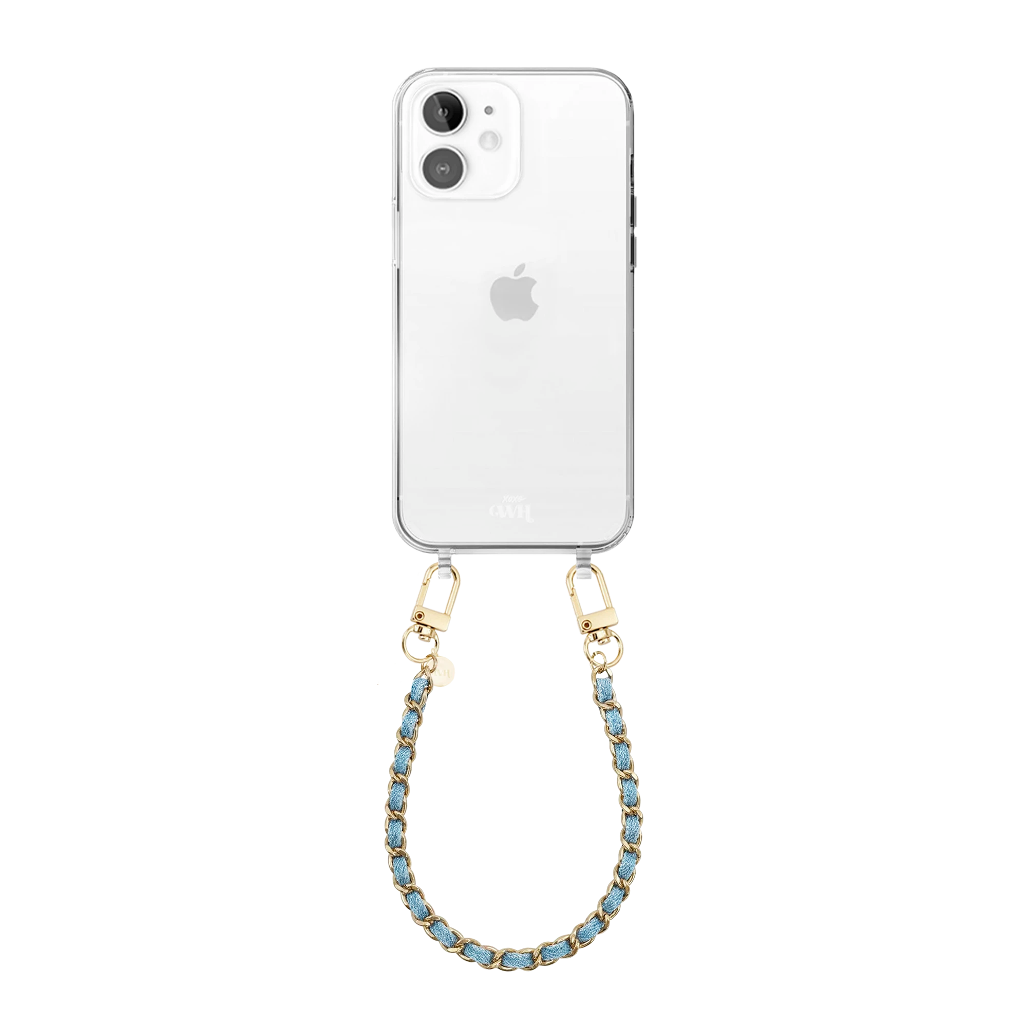 Transparant iPhone 11 hoesje met korte Classic Chain Denim koord en gouden details.