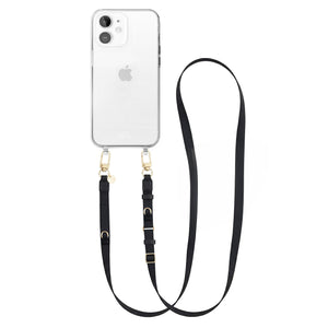 Transparant iPhone 11 hoesje met zwarte, verstelbare lanyard strap en gouden hardware.