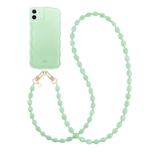 Glossy wavy iPhone 11 case in sage sorbet with a long ocean mint beaded cord.