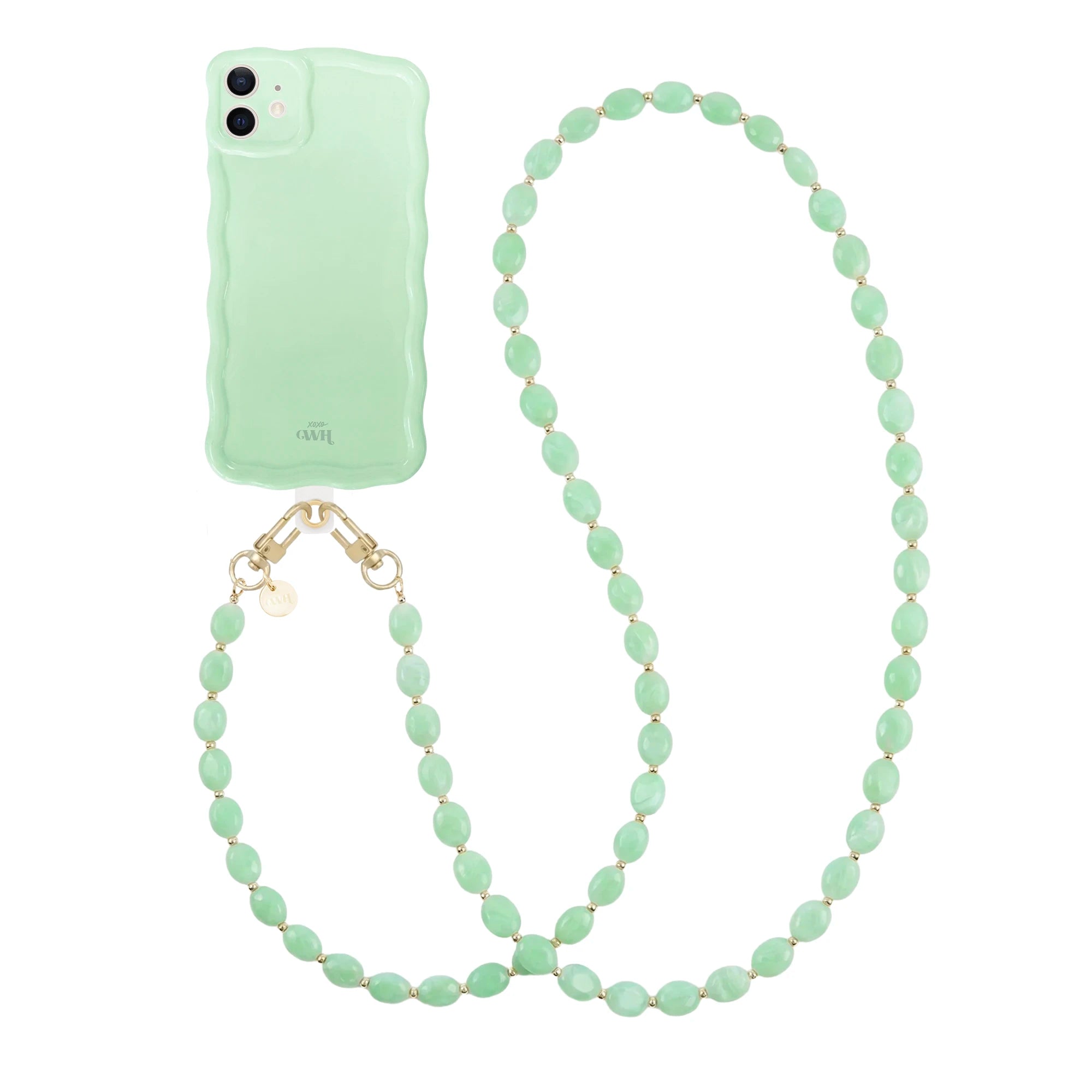 Glossy wavy iPhone 11 case in sage sorbet with a long ocean mint beaded cord.