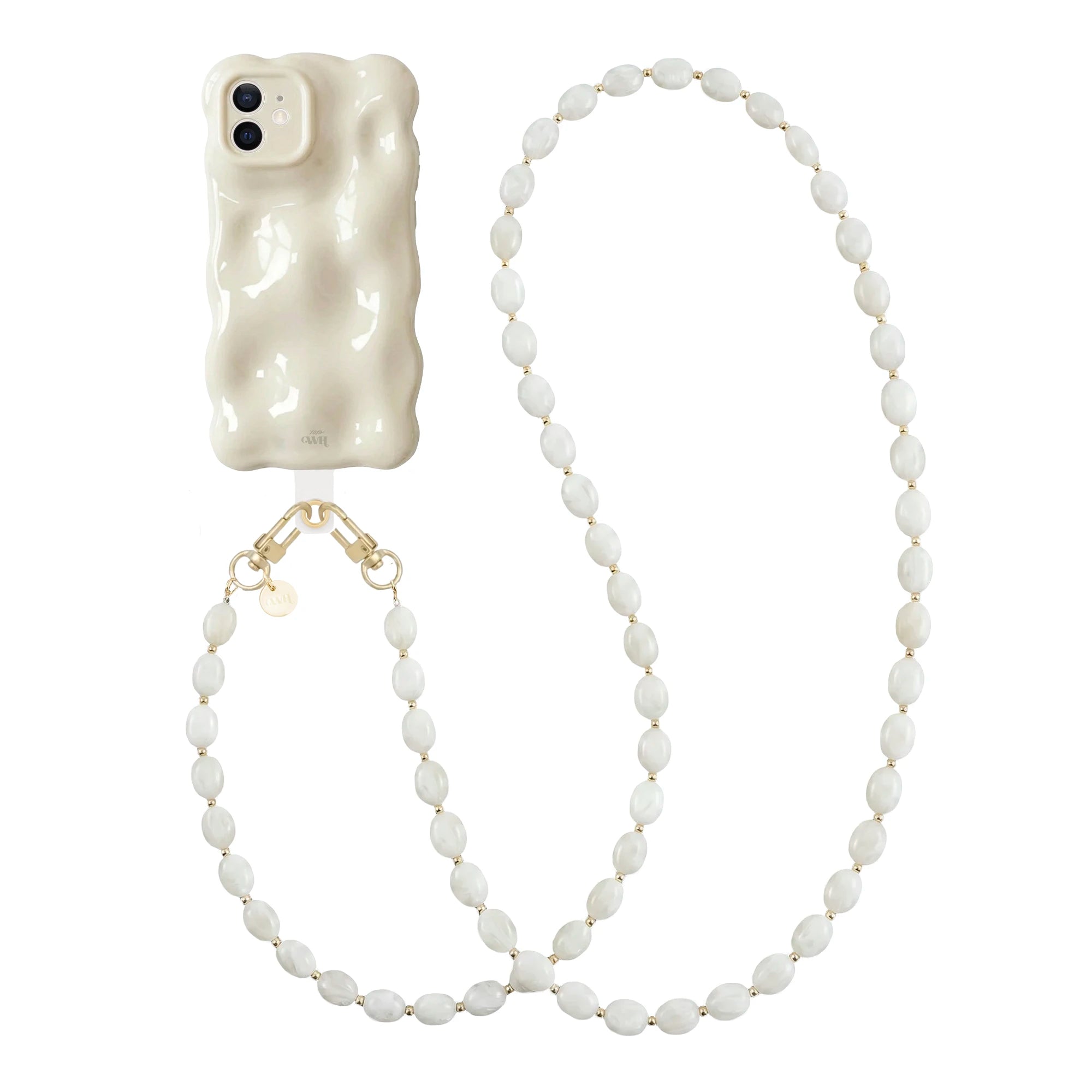 Crèmekleurige Bubbly iPhone 11 hoes met golvende vorm en lang Ocean Sand koord met witte kralen en gouden details.
