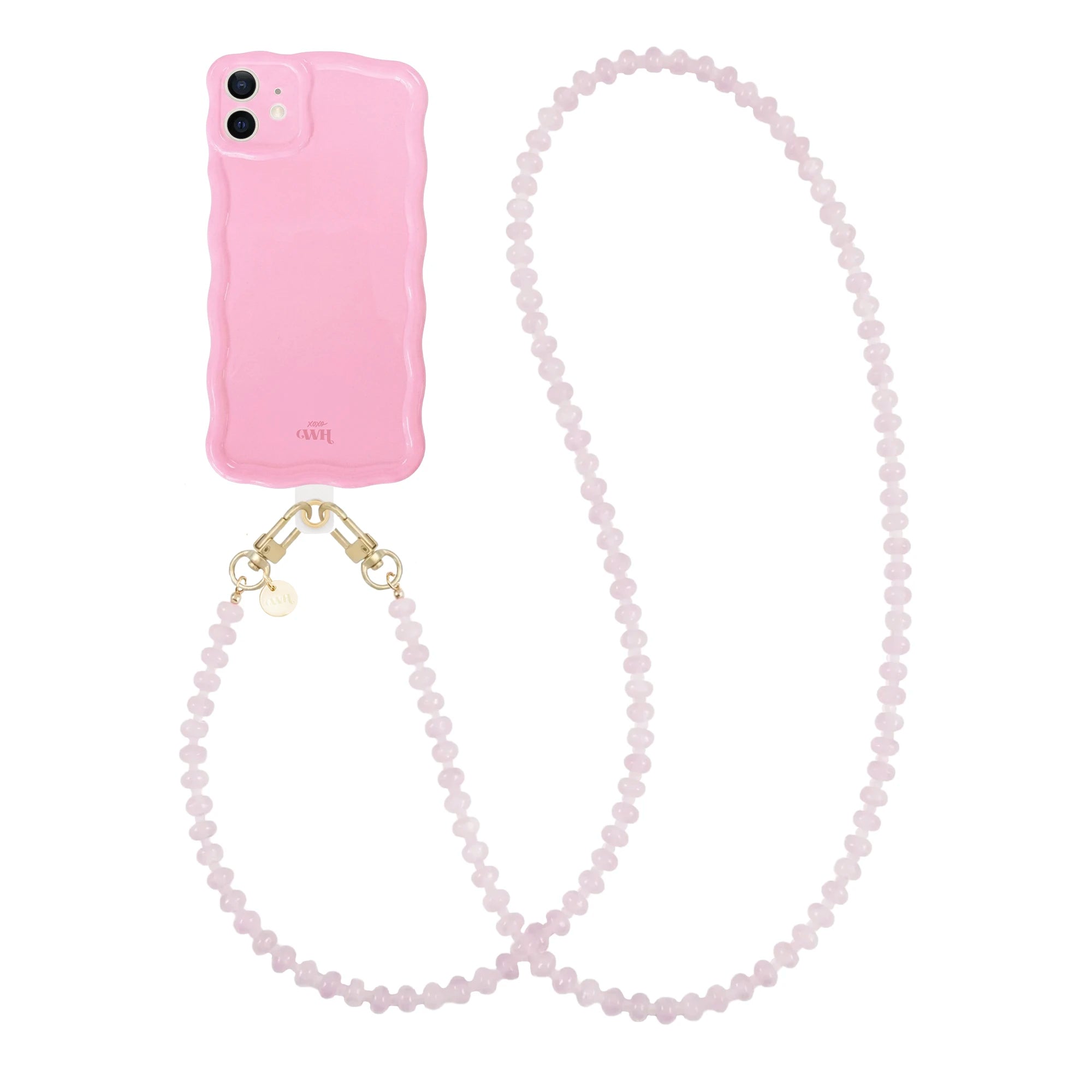 Glossy wavy light pink iPhone 11 case with a long dusty pink beaded cord.