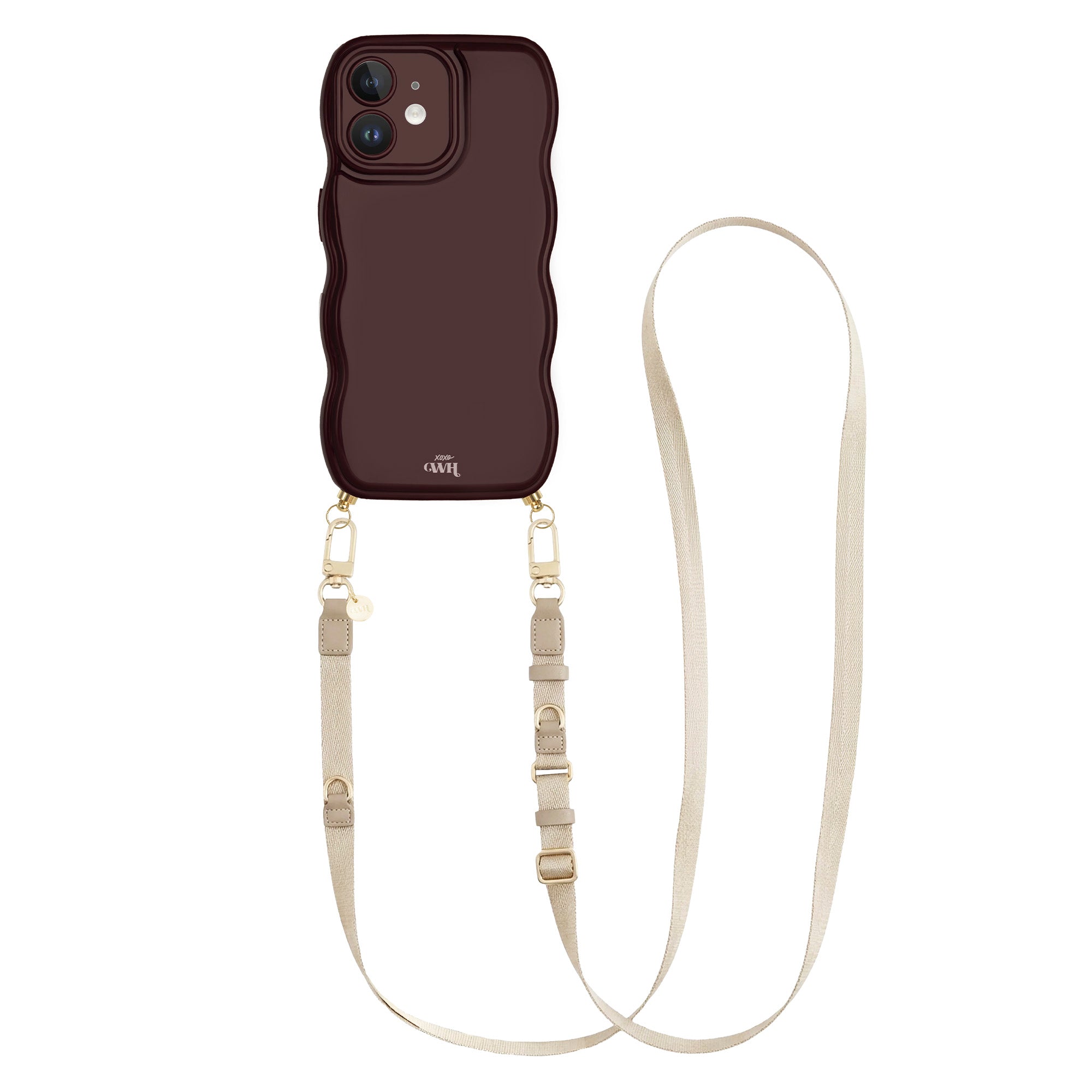 Glossy burgundy wavy iPhone 12 case with a beige adjustable lanyard strap and gold hardware.