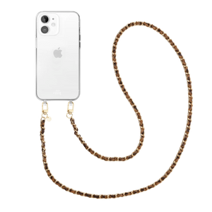 Transparant iPhone 11 hoesje met lange, bruine Classic Chain Leopard koord met gouden details.