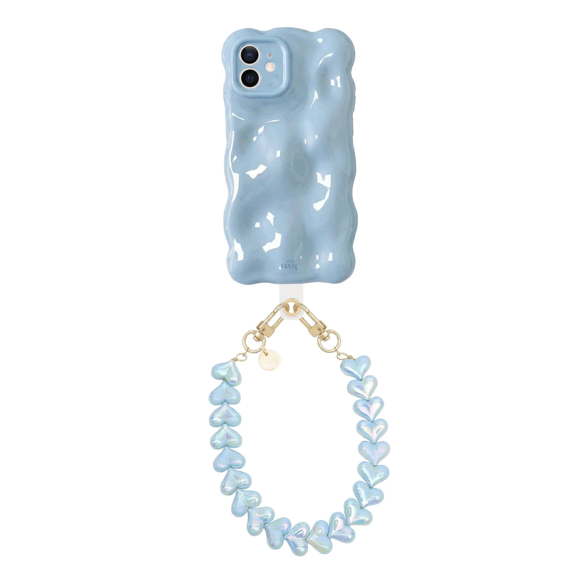 Bubbly Ice Blue iPhone 11 case with wavy design and Funky Hearts Cord (Blue metallic).