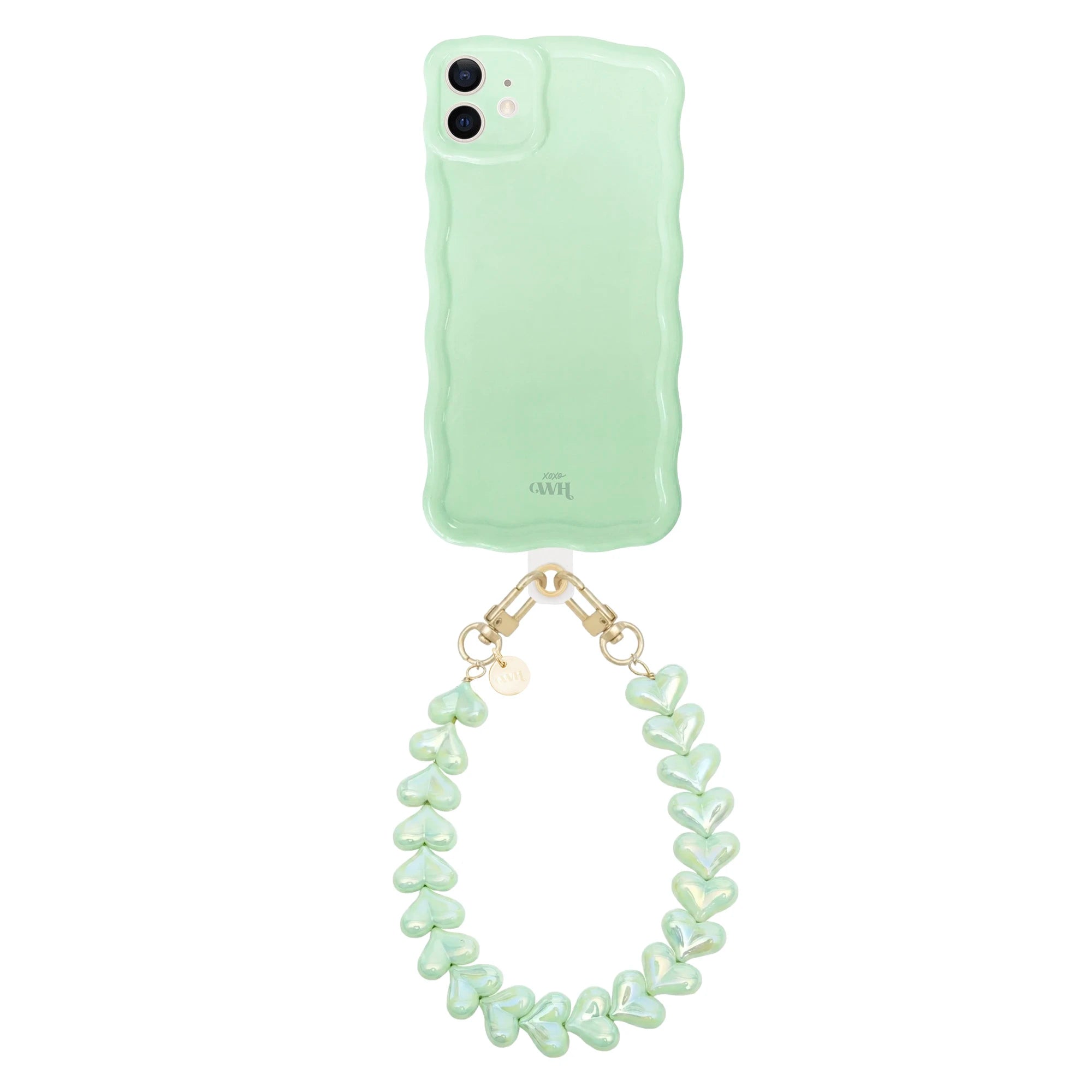 Glossy wavy sage green iPhone 11 case with a detachable funky hearts cord.