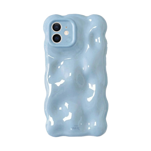 Glanzend ijsblauw Bubbly hoesje voor iPhone 12 met golvend design en camera cover.