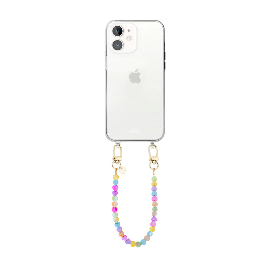 iPhone 12 - Shell Hearts (Rainbow) Transparant Cord Case - Short cord