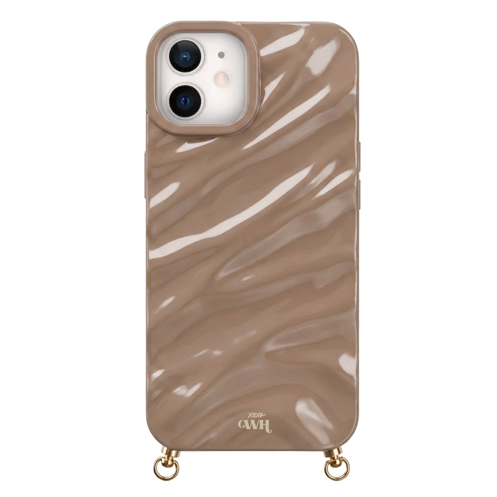 Taupe Glaze Cord Case for iPhone with wavy, glossy finish and gold hardware.