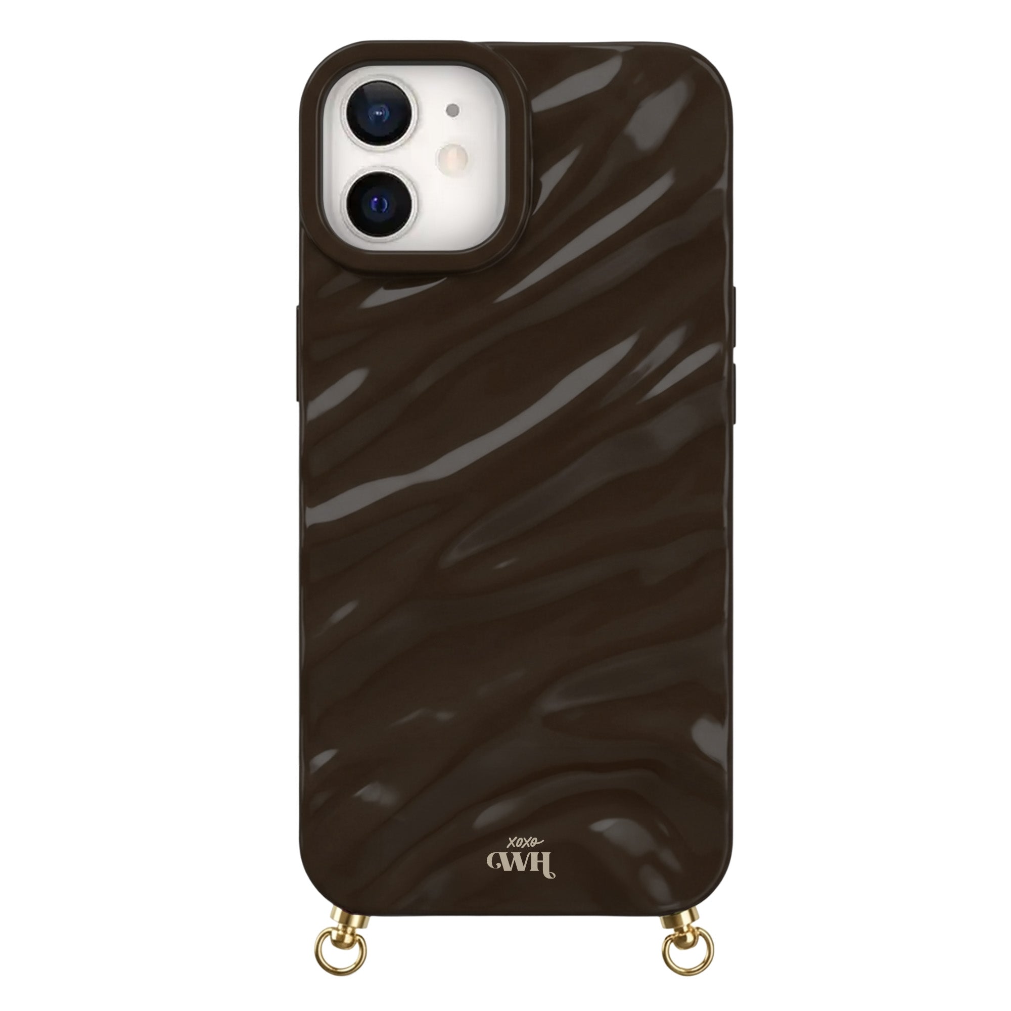 Brown Glaze Cord Case for iPhone with a glossy, wavy texture and gold hardware.