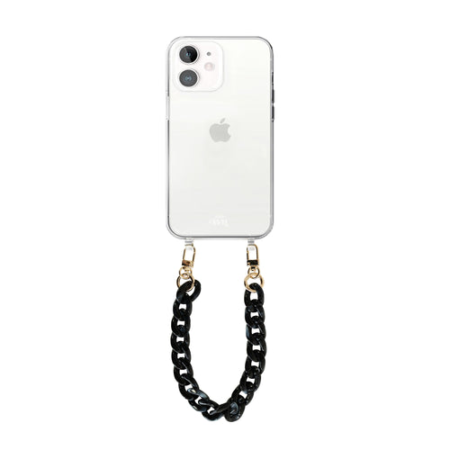 xoxo Wildhearts - iPhone 12 - Marble Black Transparant Cord Case - Short Cord