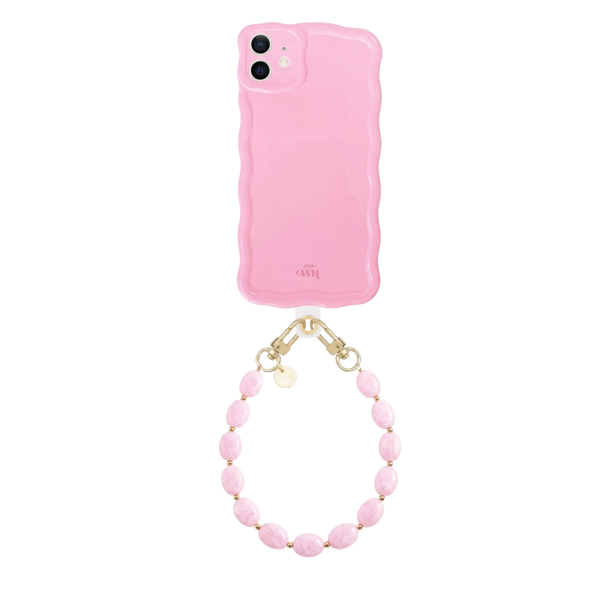 Glossy wavy pink iPhone 11 case with a short beaded Ocean cord wristlet.