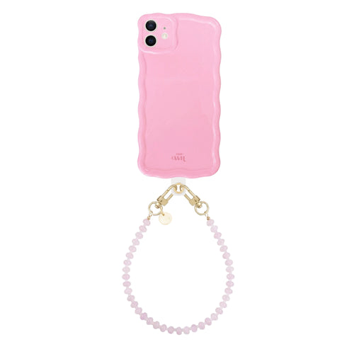 Glossy wavy dusty pink iPhone 11 case with a short beaded wrist strap.
