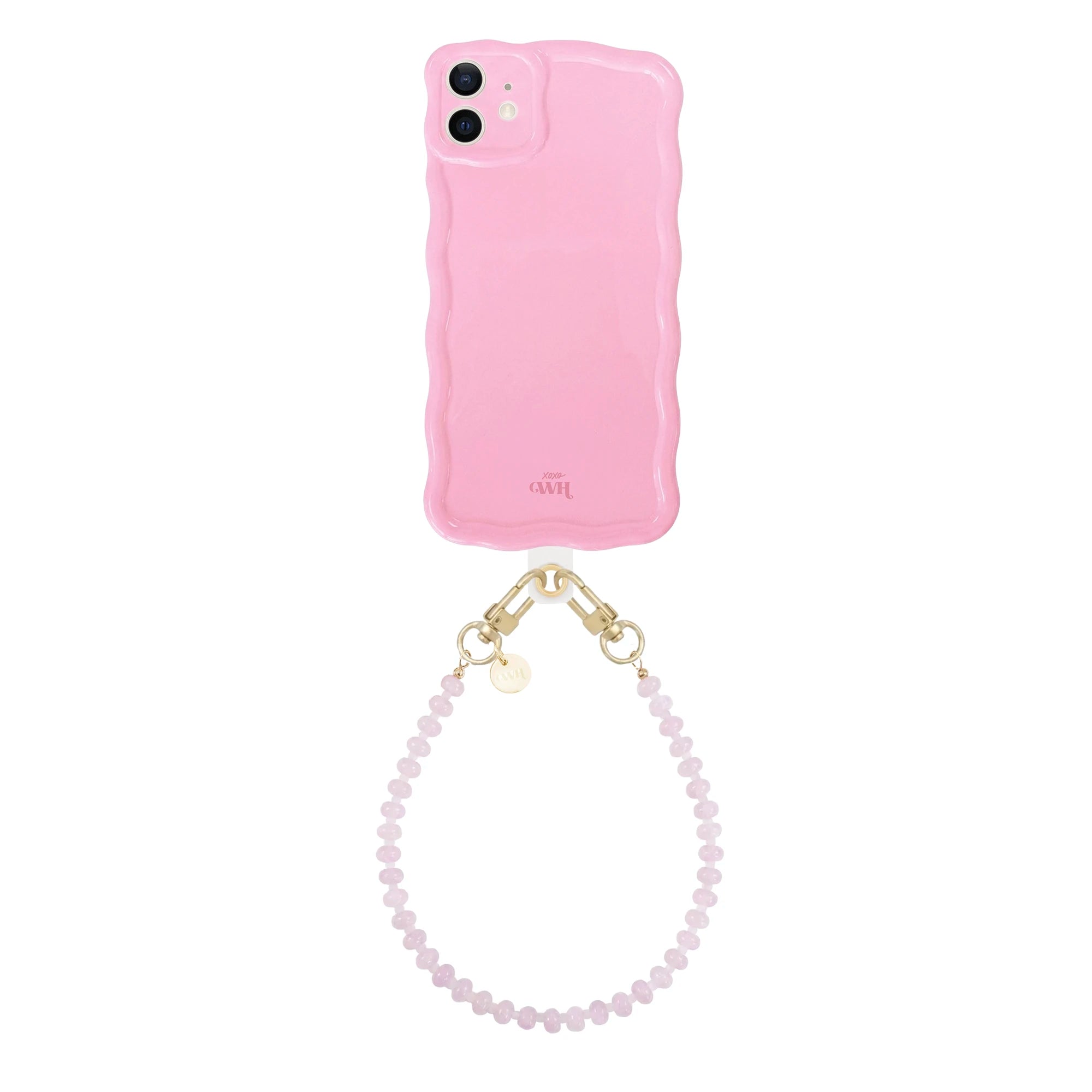 Glossy wavy dusty pink iPhone 11 case with a short beaded wrist strap.