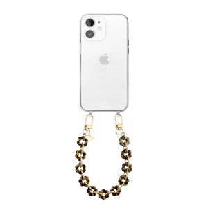 Transparant iPhone 11 hoesje met kort luipaardprint bloemenkoord en gouden haken.